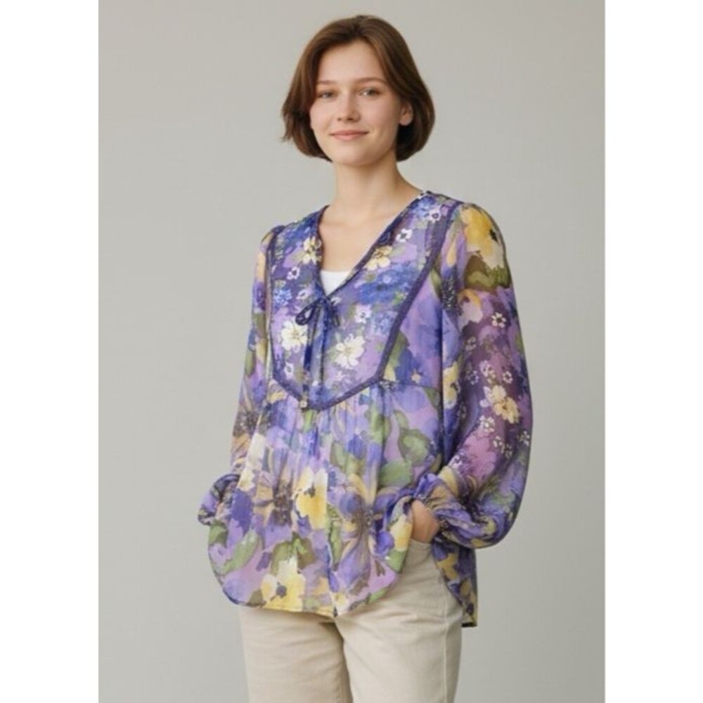 Fig & Flower NEW womens sheer floral boho hippie lightweight blouse sz L cottage